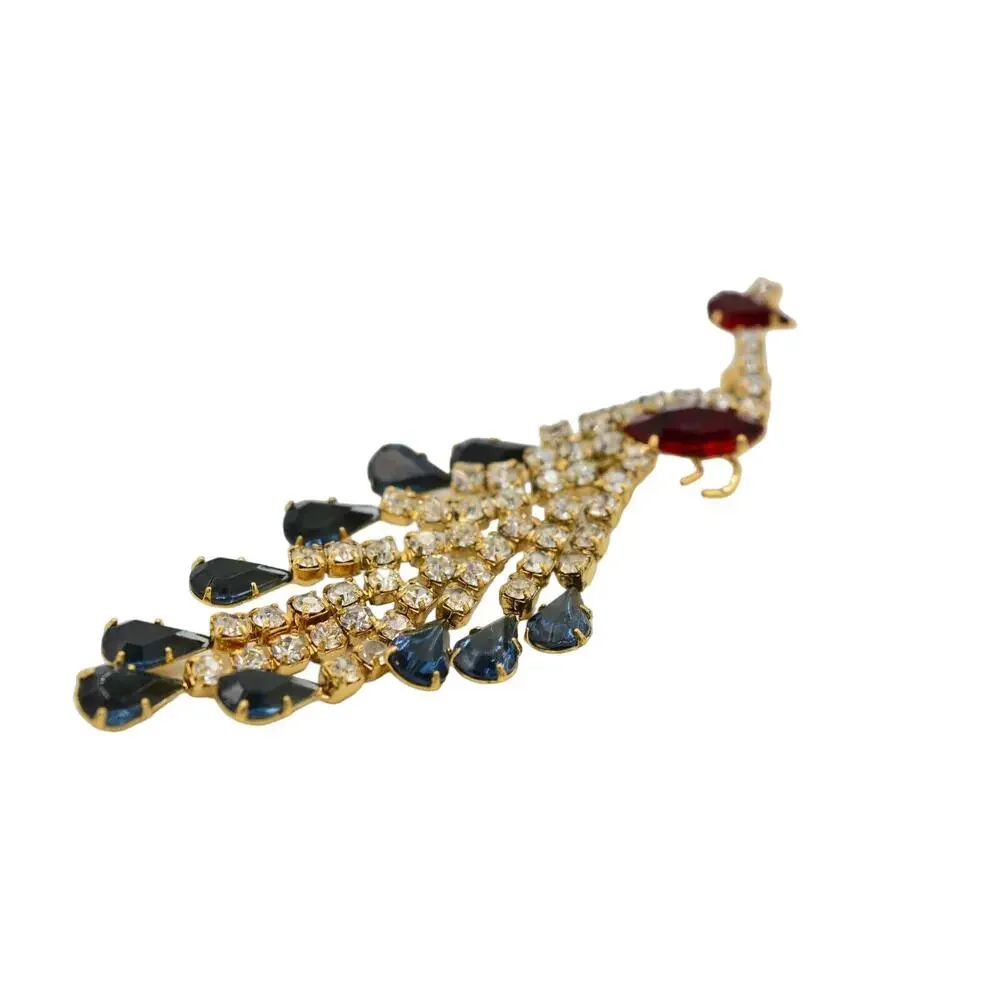 Vintage Crystal Peacock Pin Brooch Prong Blue Pink Rhinestone Gold NOS 1980s 9B